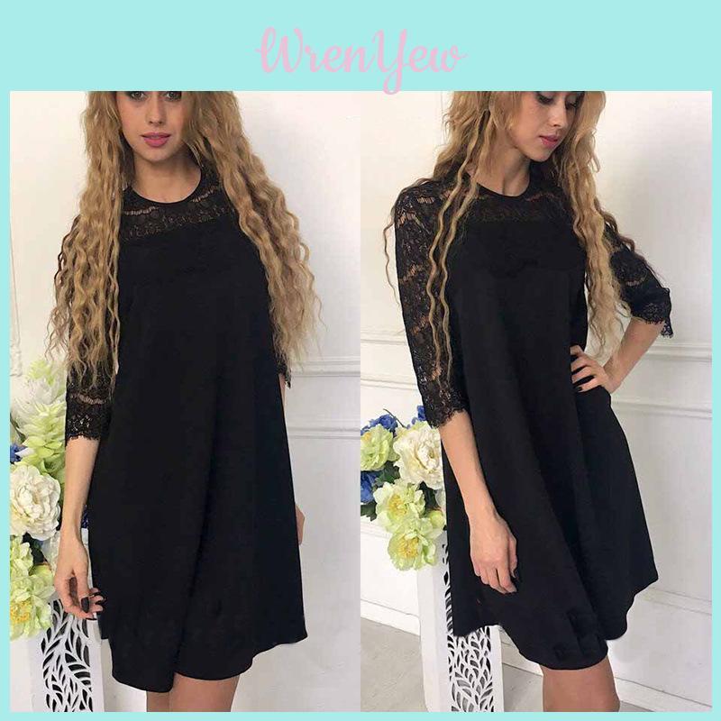 Elegant Women Pure Color Hollow Out Lace Splicing Dress For Stylish Occasions