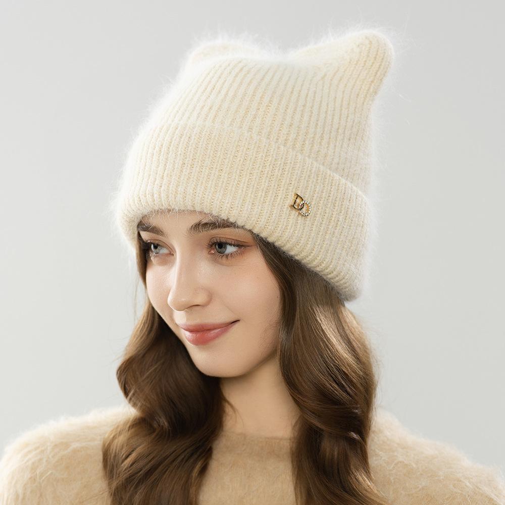 Knit Beanie Hat Fleece Lined Thickened Warm Rabbit Hair Slouchy Solid Color Large Head Size Winter Autumn Women