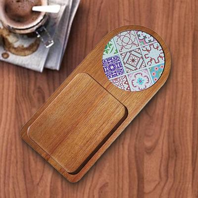 Kaffeeplatte Holz Serviertablett mit Porzellanuntersetzer Speiseteller Snackteller Holz