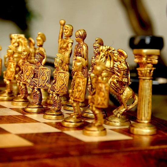 Brass Roman Chess Set with Wooden Board