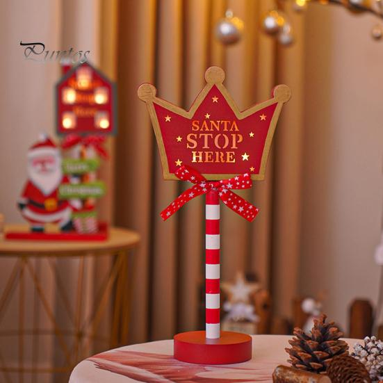 Christmas Street Sign Light with Bowknot Santa Stop Here North Pole Letter Vintage Reusable Xmas Holiday Decoration Desktop Guideboard LED Lamp