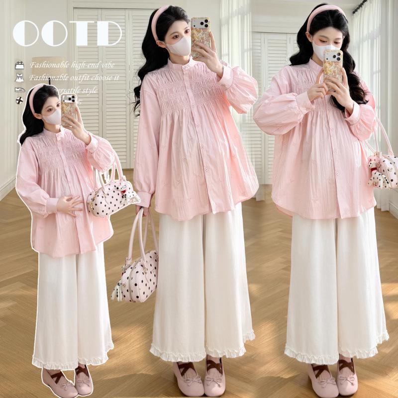 2026 Spring Korean-Style Maternity Set: Sweet Loose-Fit Embroidered Doll Shirt & Wide-Leg Pants M