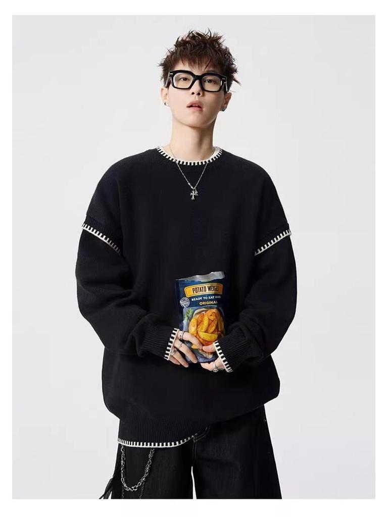 Men's Trendy Hand-Stitched High-End Knit Sweater with Contrasting Colors - Versatile and Stylish Base Layer