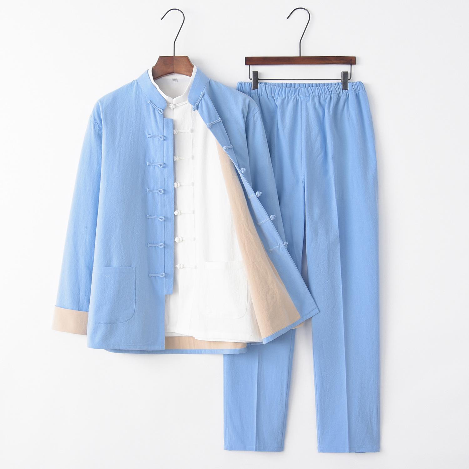 

Men s Chinese Tang Suit: Cotton Linen Three-Piece Set with Stand Collar - Zen Meditation Outfit for Spring and Autumn L