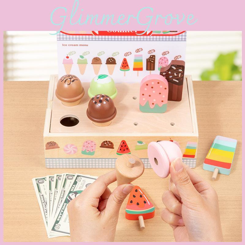 Wooden Simulation Ice Cream Vending Cabinet Model Children Toy Set For Kids Imaginative Pretend Play