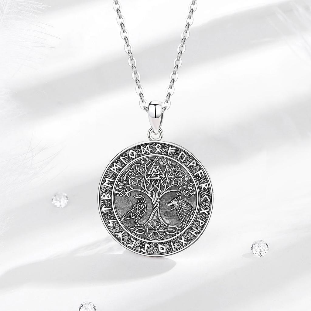 Eudora 925 Silver Viking Wolf Crow Necklace for Women Man Compass Tree of Life Runes Amulet Pendant Personality Jewelry