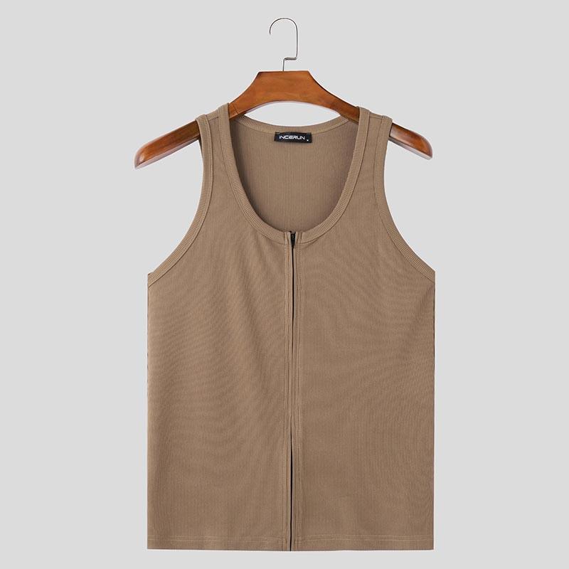 INCERUN Men Summer U Neck Sleeveless Zipper Rib Skinny Tank Tops