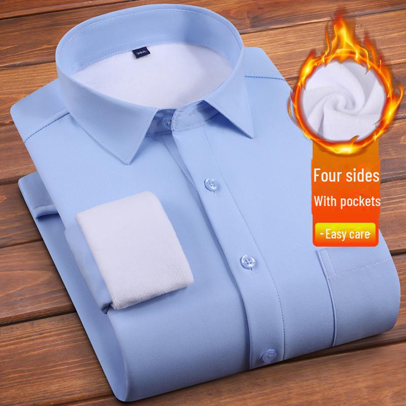 Winter Men's Plus Velvet Warm Stretch Business Casual Shirt - White