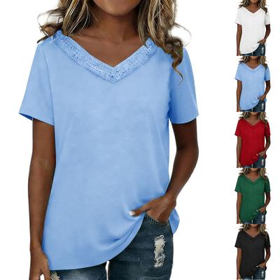 Womens  Casual  Tops Lace V Neck Short Sleeve T Shirts