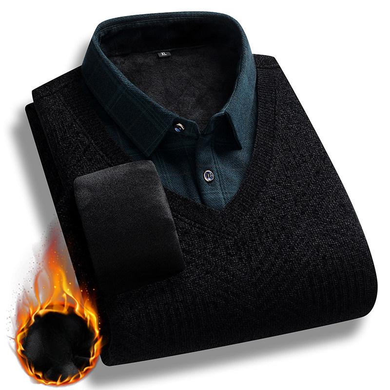 Men Fake Two Piece Sweater Knitting Pullover Winter Warm Thick Polo Neck Retro Fashion Solid Casual Fleece Lined Sweaters