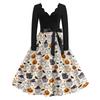 Women's Casual V-Neck Long Sleeve Halloween Print Vintage Dress for Halloween Party