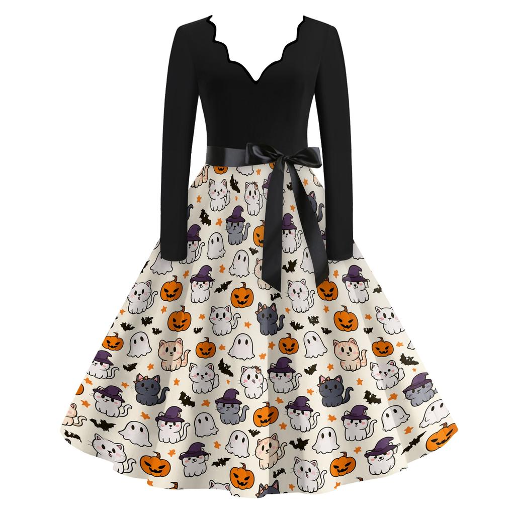 Women's Casual V-Neck Long Sleeve Halloween Print Vintage Dress for Halloween Party