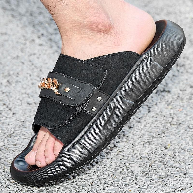 Modny Letni Trend Nowe Męskie Gladiatorki Metalowy Łańcuch Zamszowa Skóra Platforma Buty Casual Oddychające Sandały na Plaże Klapki Outdoor