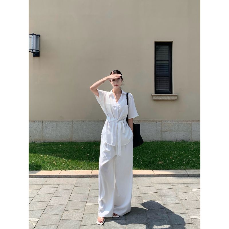 Kumikumi Fashion White Suit Short Sleeve Shirt Women Fall High Waist Slim Looking All-Matching Casual Trousers Two-piece Set