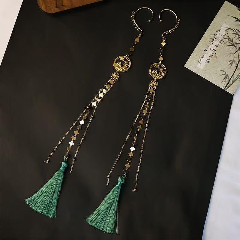 Mountain Ghost Flower Copper Coin Earrings with Tassels - Unisex Hanfu Style Ear Cuffs