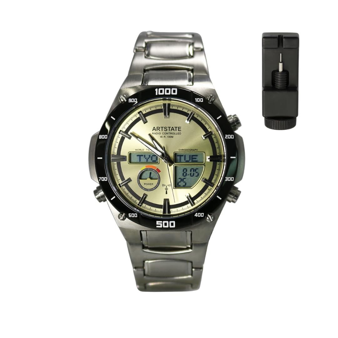 

[ARTSTATE AS1771B] Men s Radio-Controlled Watch, Date and Day Display, Stainless Steel, Long Life, 100M Water Resistance