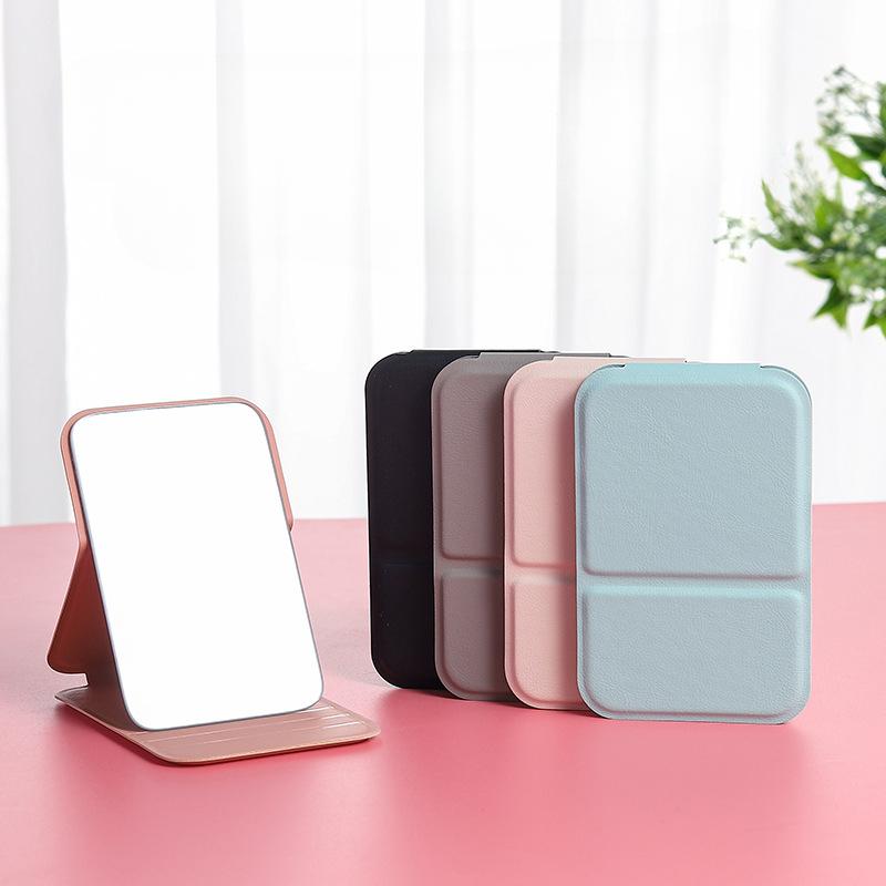 Desktop Makeup Mirror Solid Color PU Leather Simple Portable Handheld Makeup Mirror Foldable Student Compact Cute Pocket Mirror