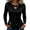Spring and Autumn New Women's V-neck Metal Strap Design Top Black Slim Long Sleeve Slim T-Shirt