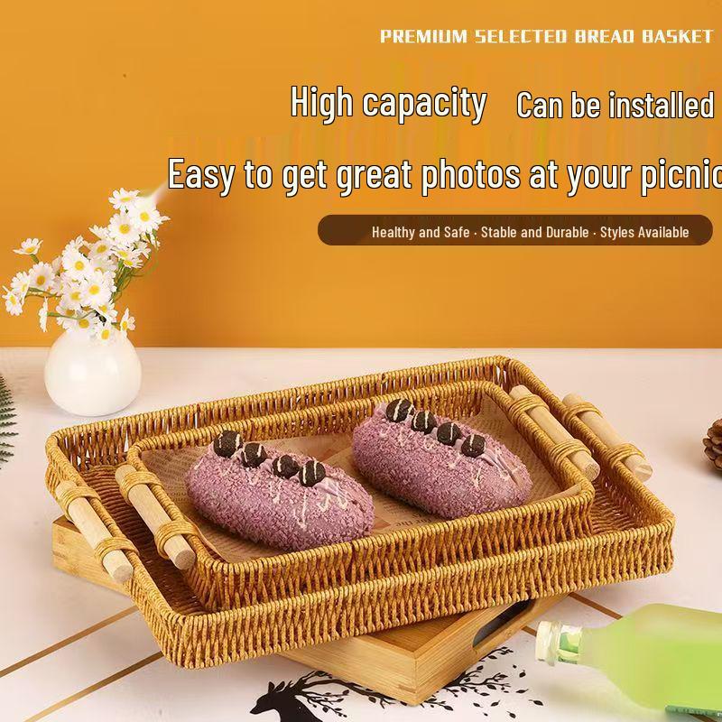 Woven Rattan Snack & Fruit Basket Tray for Living Room or Picnic Display