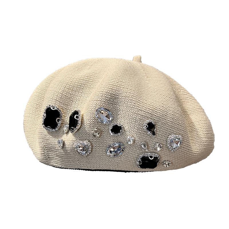 New Rhinestone Beret Women's Spring and Autumn Black Knitted Face Small Elegant Fashion Versatile Painter Hat