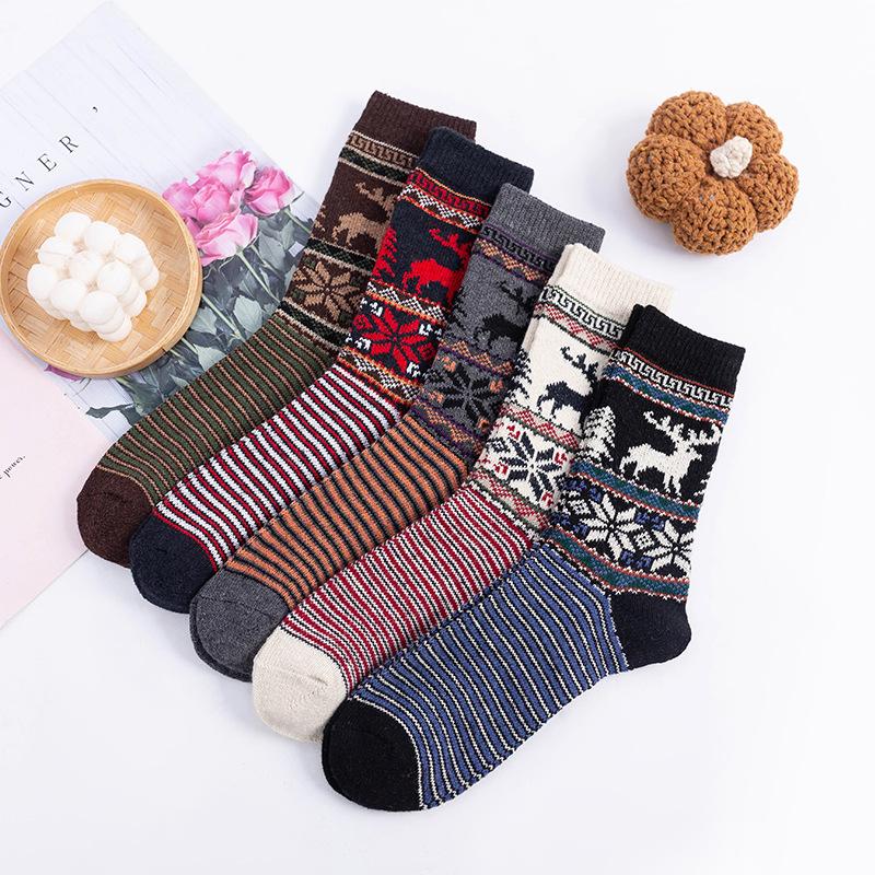5 Pairs of Women's Mid-calf Socks, Thickened and Warm Rabbit Wool Socks with Thick Thread and Ethnic Style