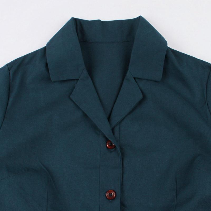 Women's Single-Breasted Wide-Skirted Retro-Style Waist-Cinched Solid-Colour Dress