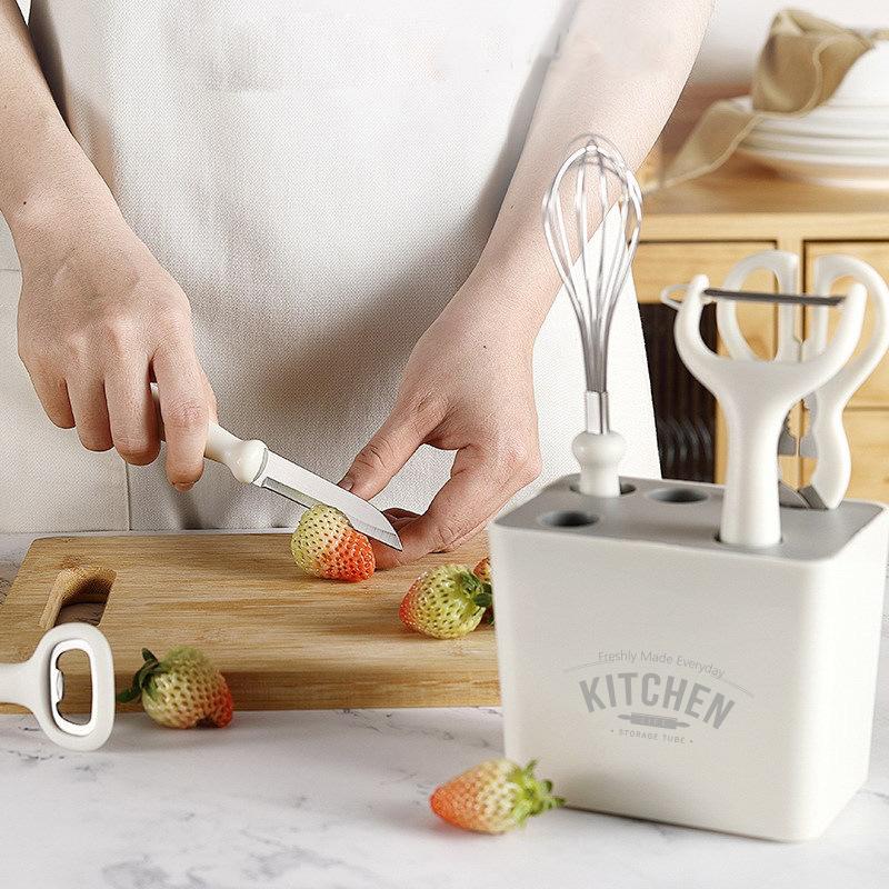 Multifunctional Kitchen Gadget Set 6 Pieces with Storage Seat Scissors Fruit Food Supplement Tool Combination Set