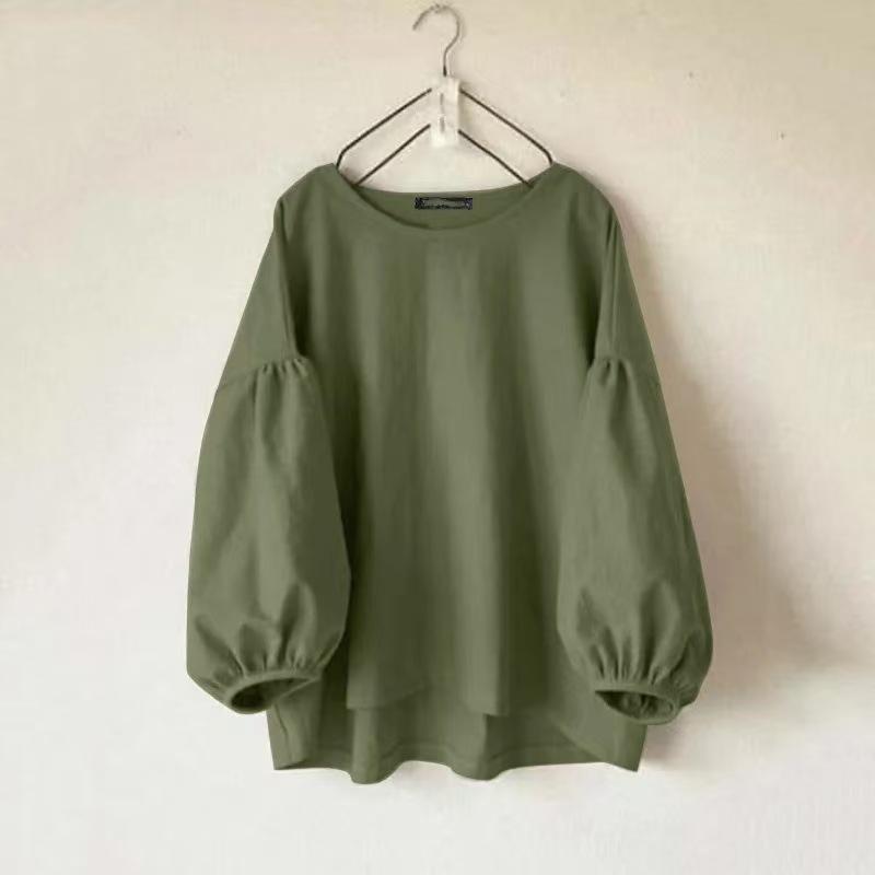 Damen Rundhals Langarm Locker Geschnitten Bluse Lässig Laternenärmel Einfarbig Vintage Oberteil