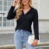 Women's Fashionable Solid Color Lapel Long Sleeved Casual Pullover T-shirt Top