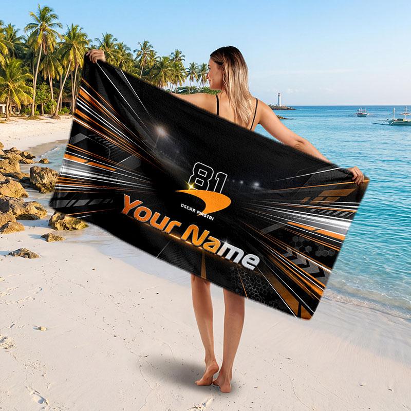 Oscar Piastri Customized Name Text Beach Towel, Soft Absorbent Towel Beach Pool Travel Personal Gift
