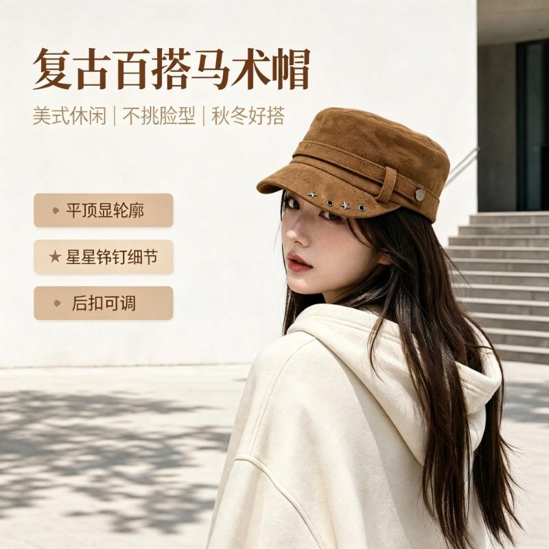 Womens Autumn Winter Flat Top Equestrian Hat Solid Color Versatile Casual Hat