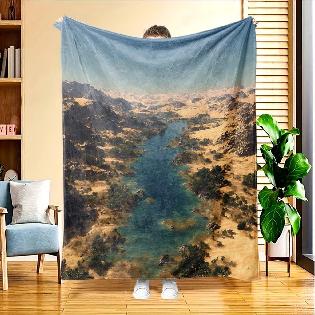 1pc Desert Oasis Flannel Throw, High-Definition Digital Print, All-Season Cooling Blanket, Soft Skin-Friendly 100% Polyester, Ideal Gift for Family an