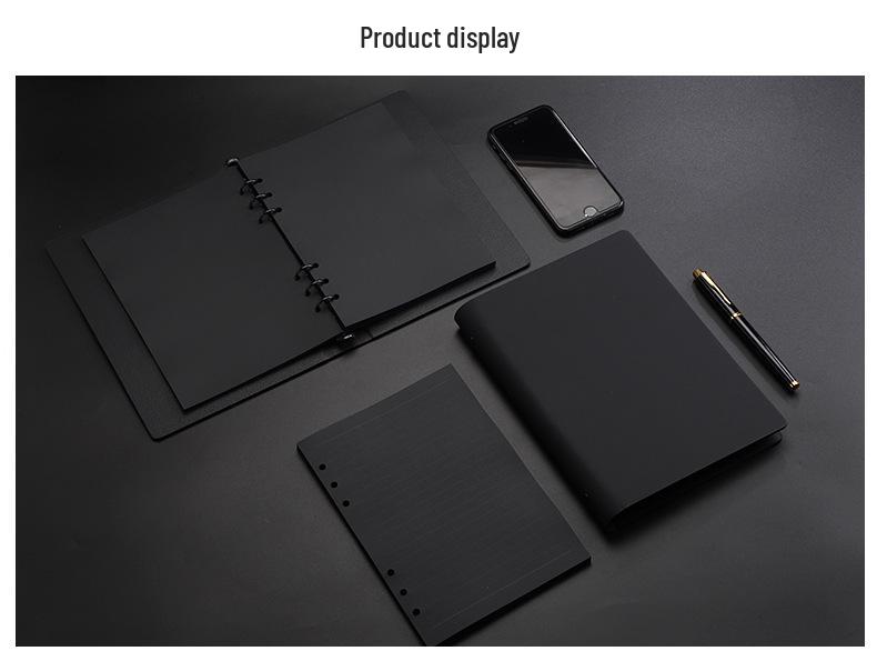 Minimalist Black A5 PU Leather Loose-Leaf Notebook with Black Card Paper Inner Pages