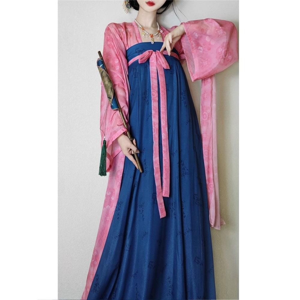 Chinesischer Tang-Dynastie Stil Tägliche Dopamin Chinesisches Kostüm Outfits Retro Einteiler Langes Rock Anzug für Damen