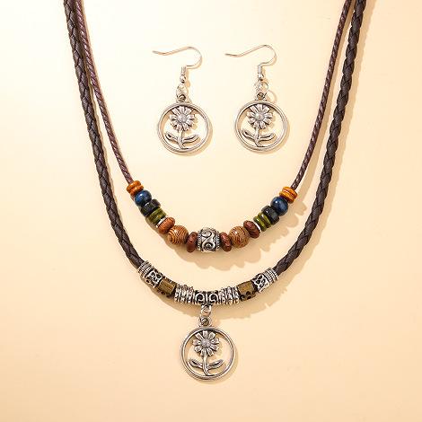 Trendy Five Leaf Clover Beaded Necklace And Earrings Set With Braided Wax Cord Pendant For Casual Everyday Wear