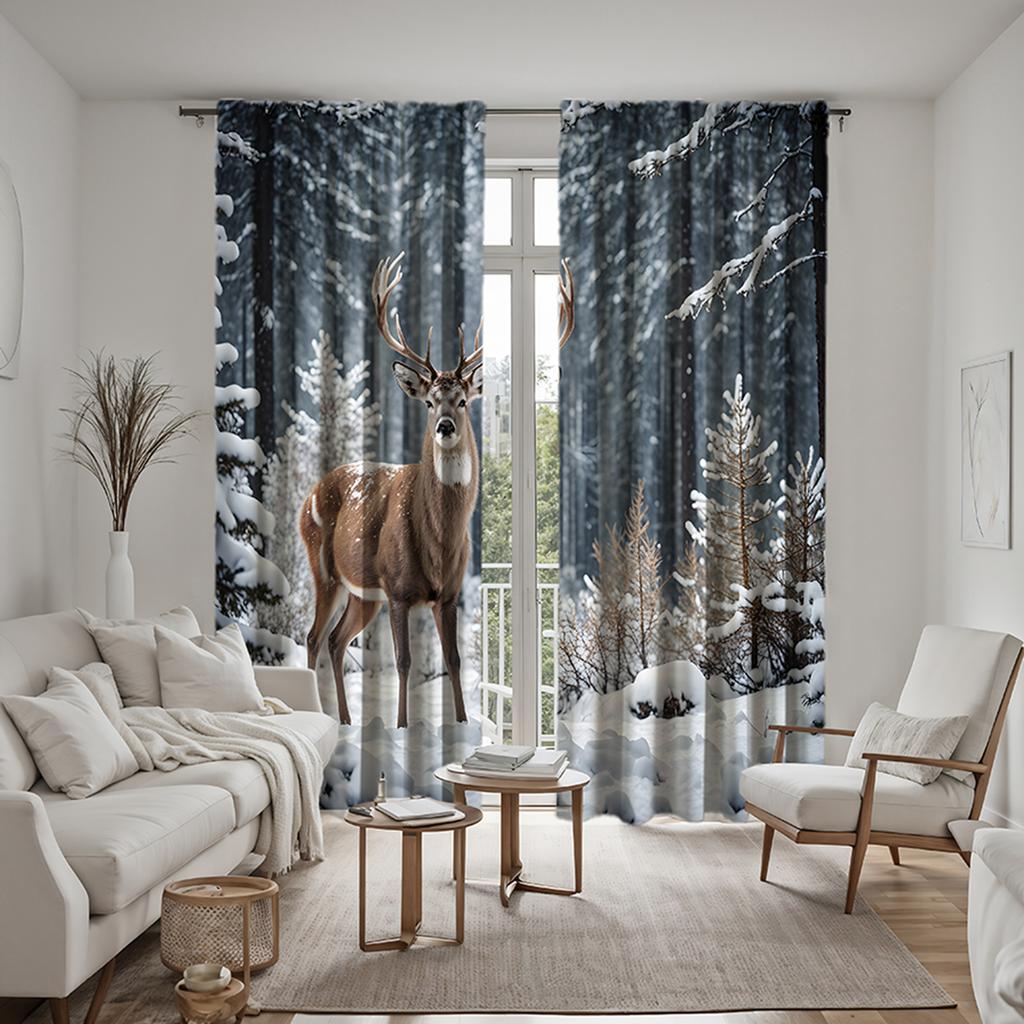 2 Pieces of HD Forest Snow Scenery Elk Decorative Curtain Green Digital Printed Curtain Home Decoration Style Decoration Living