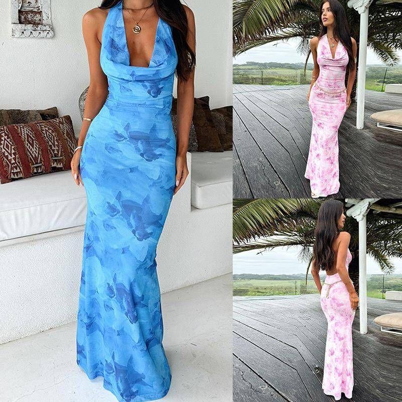 

Cross-Border Foreign Trade Women s Clothing 2025 Summer Amazon Mesh Floral Print Sling Silm Dress Elegant Waist-Slimming Long Dress Blue S