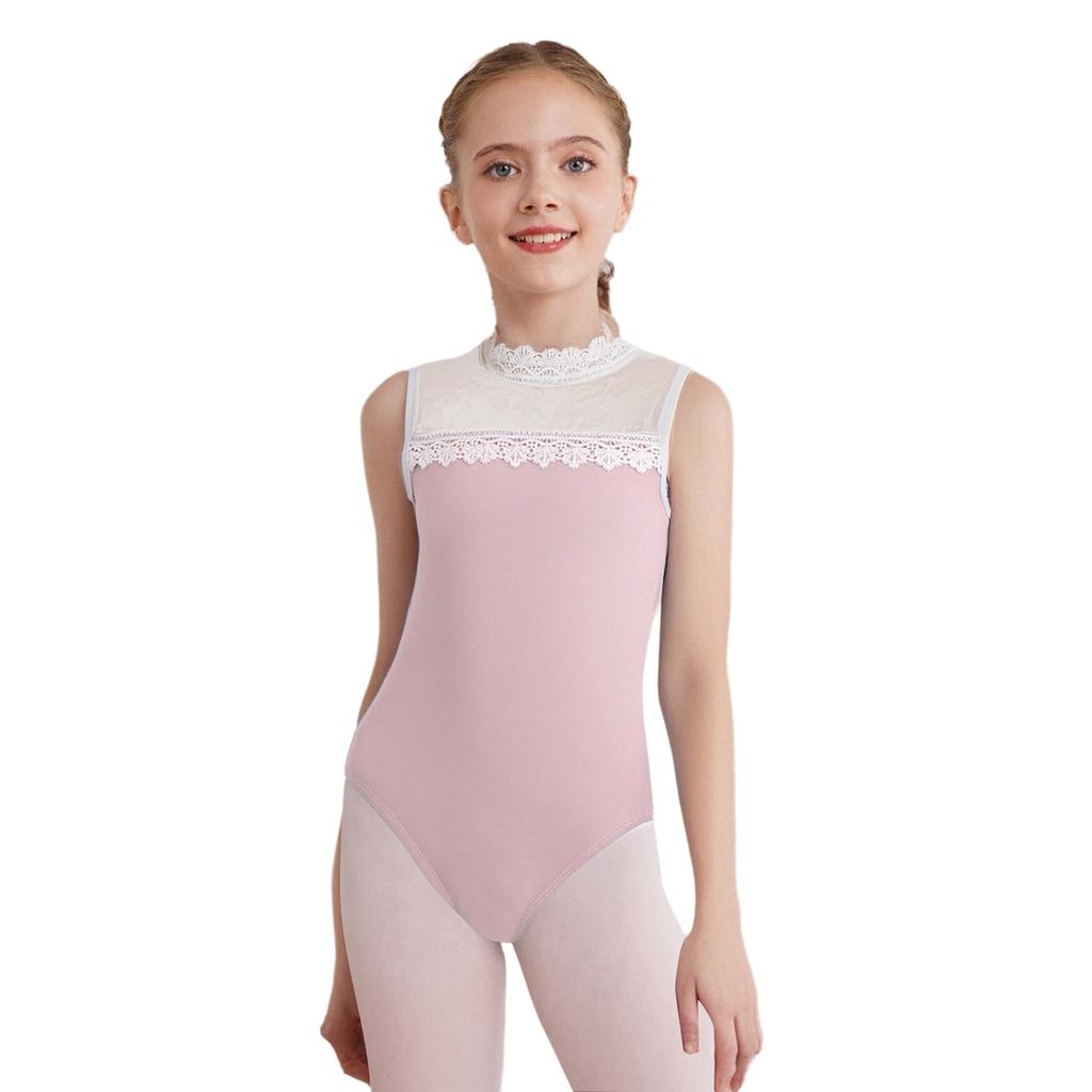Girls Gymnastics Bodysuit Delicate Lace Collar Sheer Mesh Patchwork Design Sleeveless Leotard