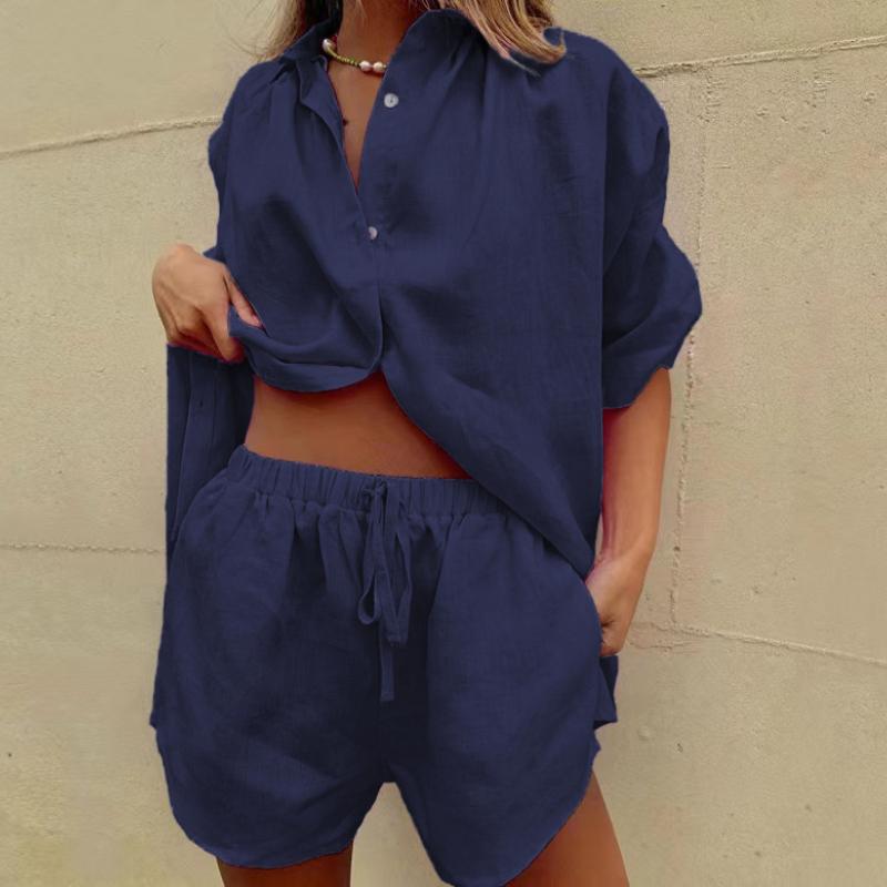 Summer Women's Solid Color Single-breasted Short-sleeved Shirt Two-piece Wide-leg Pants  Shorts