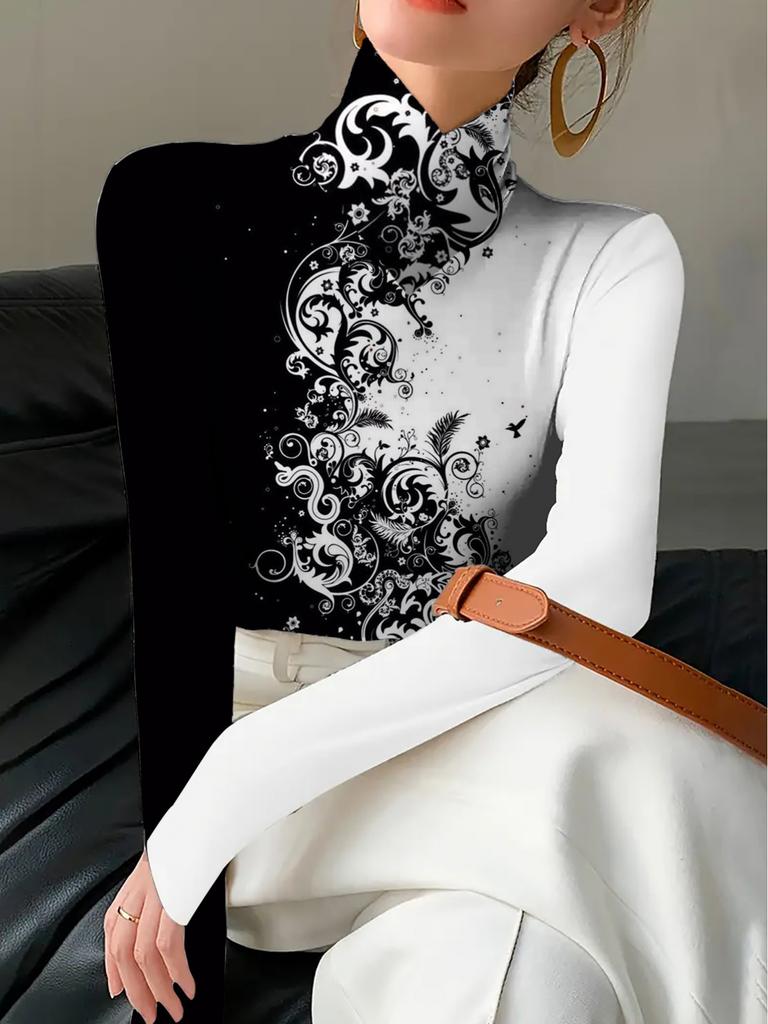 Elegant floral print qipao collar T-shirt, suitable for women—long sleeves, machine washable—perfect for autumn and winter, high neck design