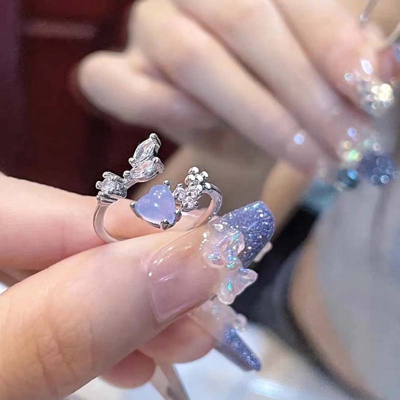 Fashion Blue Opal Heart Rings for Women Kpop Punk Gothic Open Flower Rhinestone Finger Rings Wedding Party Trendy Girls Jewelry
