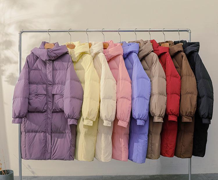 2024 Women's Mid-Length White Duck Down Hooded Winter Coat