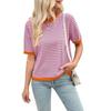 Women's Round Neck Half Sleeve Loose Fit Striped Color Block Knit Top Casual Sweater