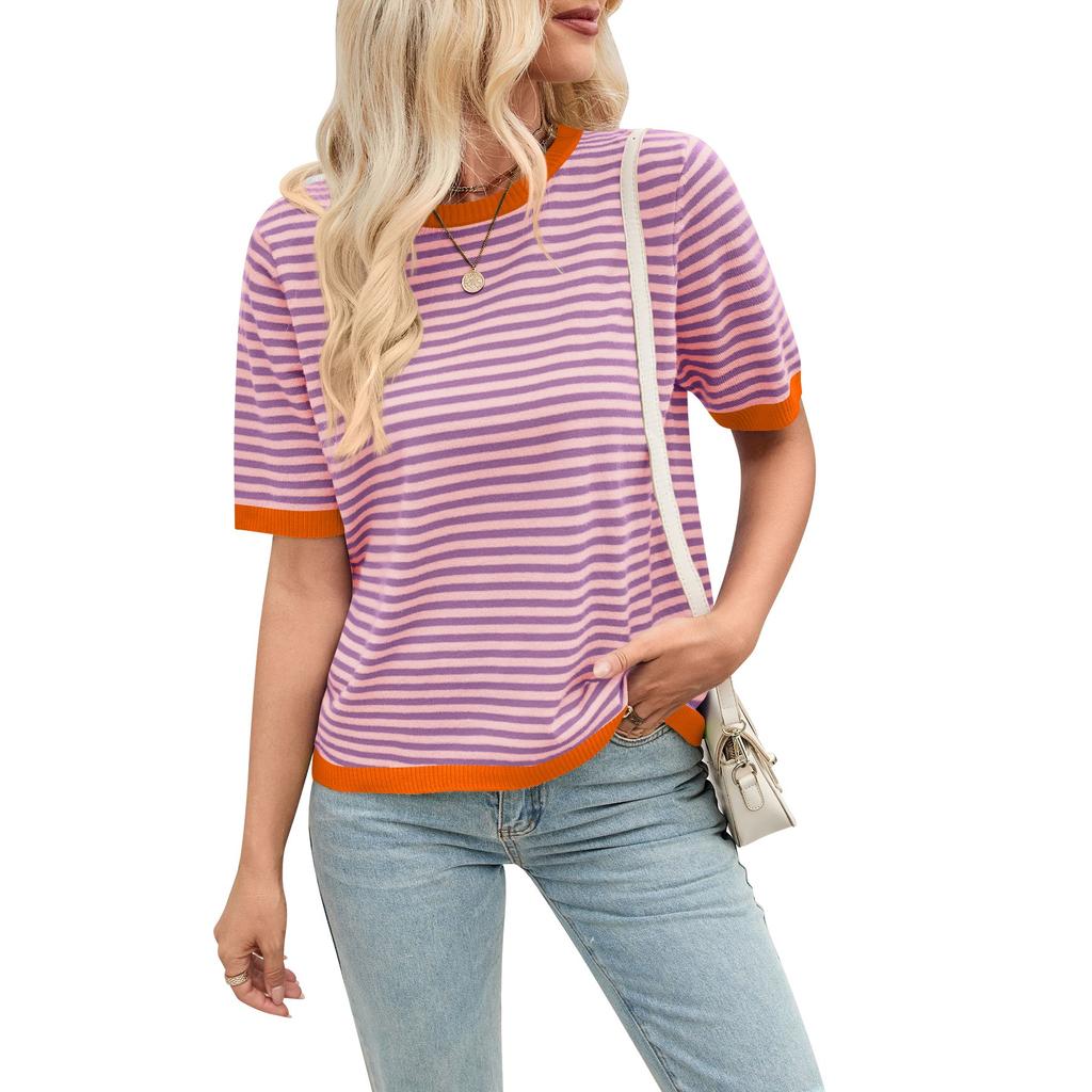 Women's Round Neck Half Sleeve Loose Fit Striped Color Block Knit Top Casual Sweater