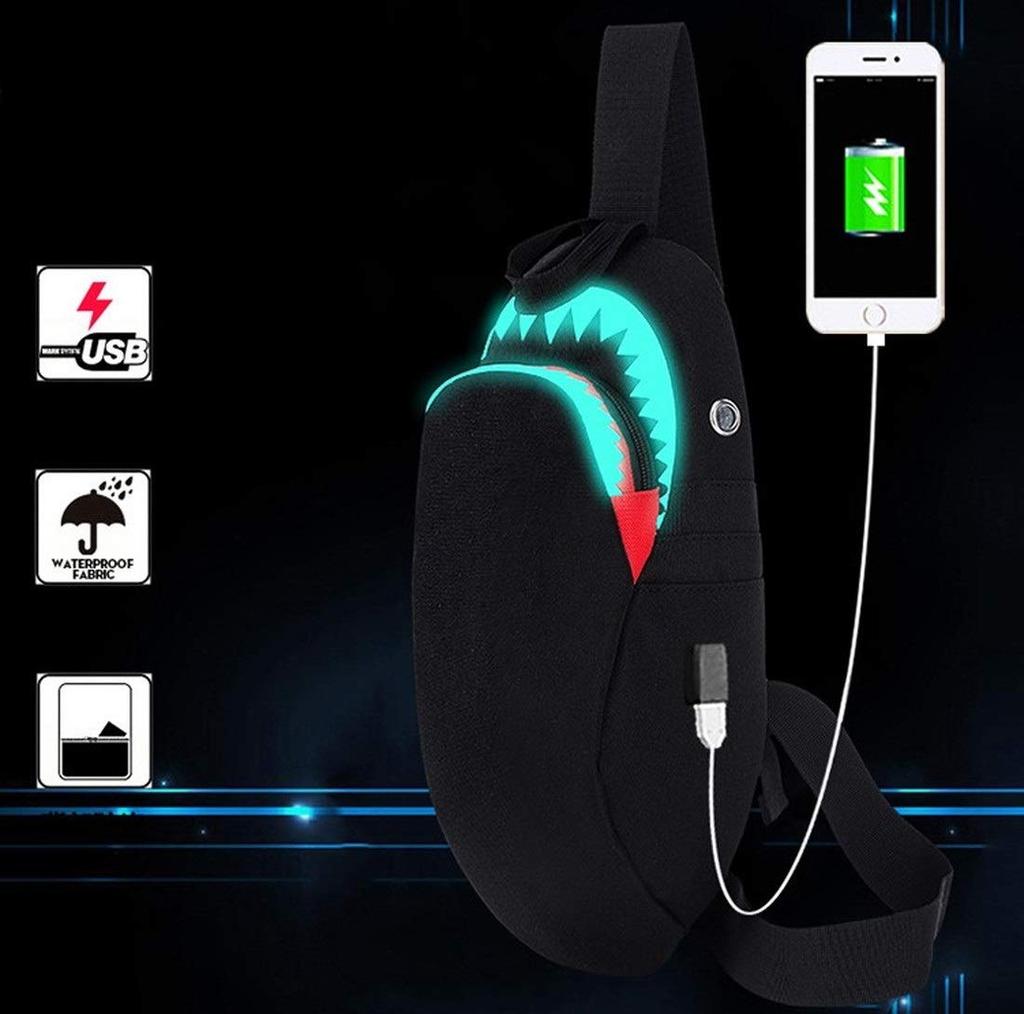 Happykoko Hai-Design Umhängetasche mit USB Leuchtende Tasche, Ein-Schulter-Port, Design, Herren