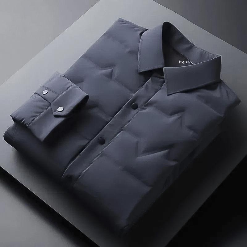 Męska Lekka Kurtka Puchowa Business Casual - Jesień/Zima Ciepła Krótka z Białego Puchu Kaciego z Kołnierzykiem Koszulowym