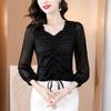 Korean Slim Shirring Drawstring Blouse Gauze Fashion V-Neck Spring Autumn New Commute Female Clothing Casual Long Sleeve Shirt