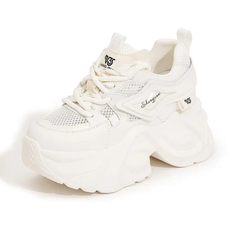 Fashion 7cm Air Mesh Synthetic Genuine Leather Chunky Sneaker Sandals Women Ladies Comfy Spring Autumn Boots Mixed Color Vulcanize Shoes