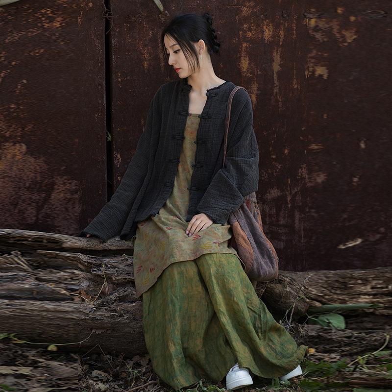 Women Chinese Style Shirts Solid Color Long Sleeve Button Loose Autumn Vintage Cotton Linen Women Shirts Tops