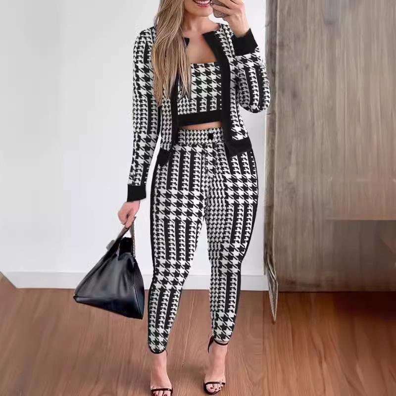 Stilvolles Streetstyle Damen 3-teiliges Set: 3D-Druck Weste, Strickjacke & Leggings für Frühling/Herbst